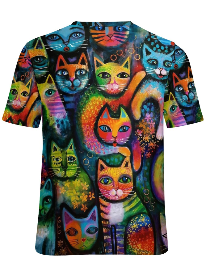 Abstract Colorful Cat Crew Neck Cat Loose T-Shirt
