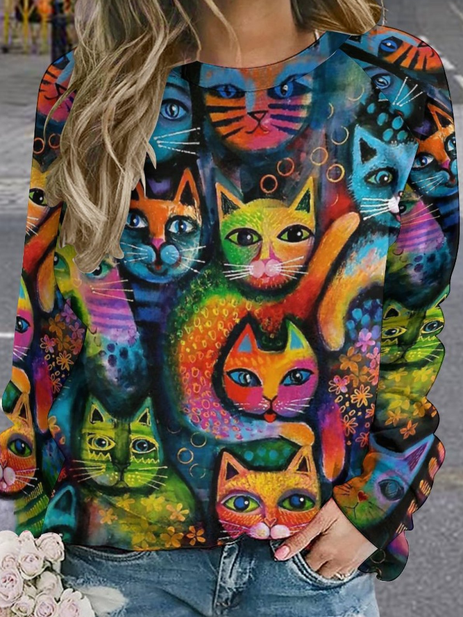 Abstract Colorful Cat Casual Crew Neck Sweatshirts