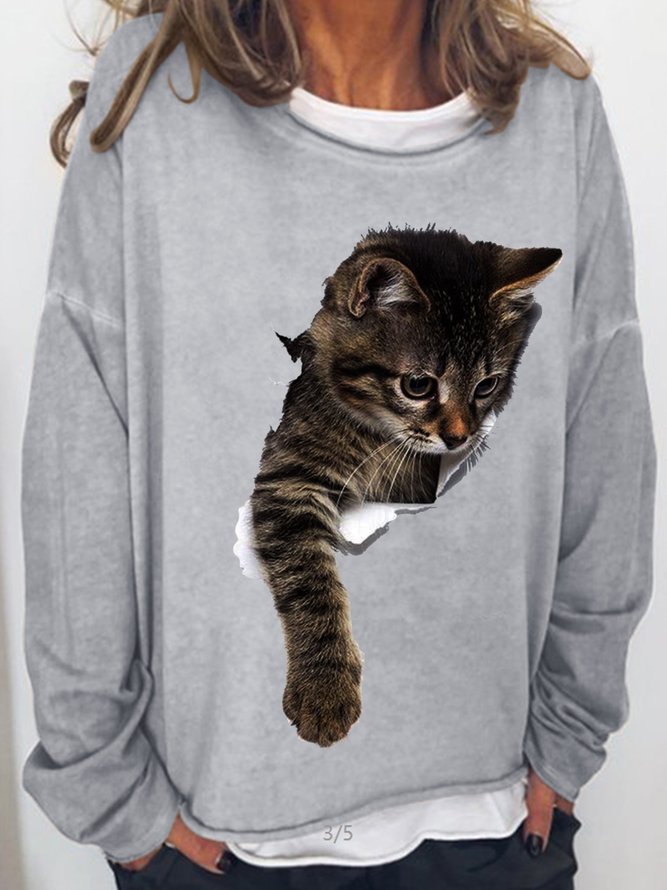 Womens 3D Cat Print Crew Neck Casual Sweatshirts