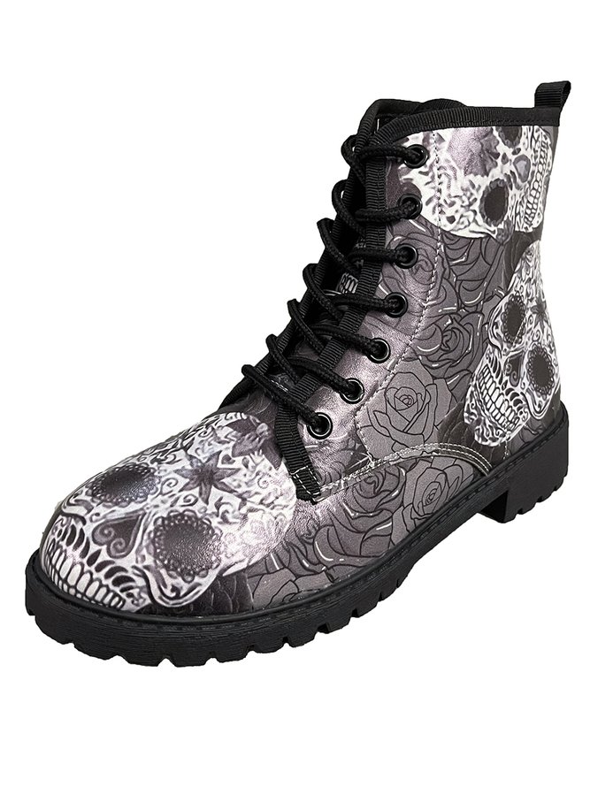 Halloween Valentine's Day Black and White Grey Skull Rose Graphic Booties