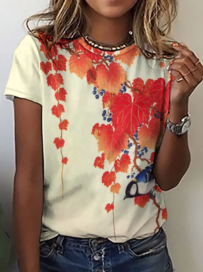 Casual Floral Autumn Polyester Daily Regular Fit Short sleeve Regular Regular Size T-shirt for Women
