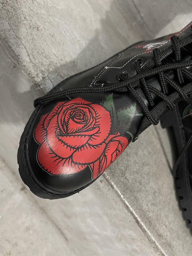 Halloween Valentine's Day Red Rose Skull Graphic Lace-Up Booties