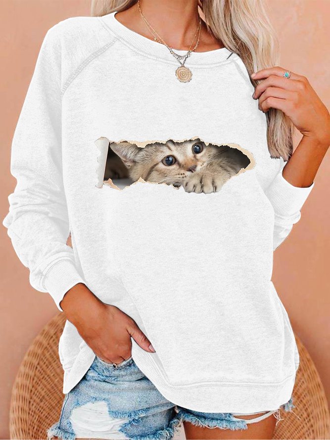 Women Funny Cat Simple Crew Neck Sweatshirts