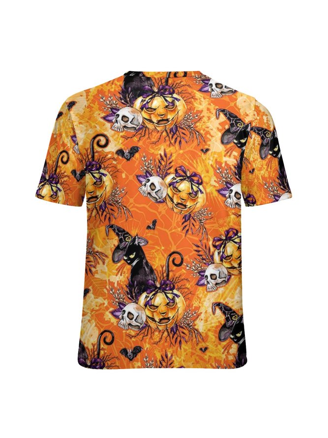 Women Funny Halloween Pumpkin Witch Black Cat Crew Neck Simple Halloween T-Shirt