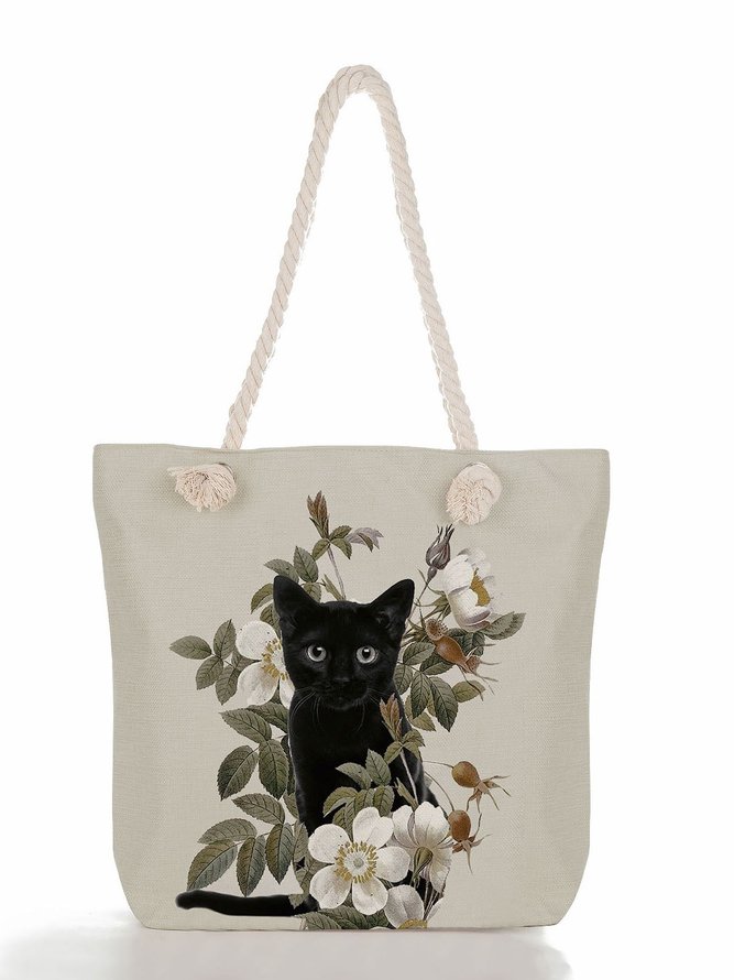 Black Cat Among Flower Graphic Shopping Totes