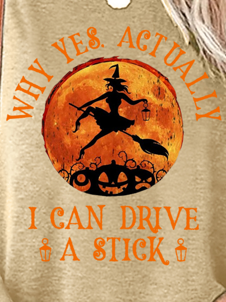 Women's Yes I Can Drive A Stick Halloween Funny Graphic Cotton-blend Long Sleeve T-shirt