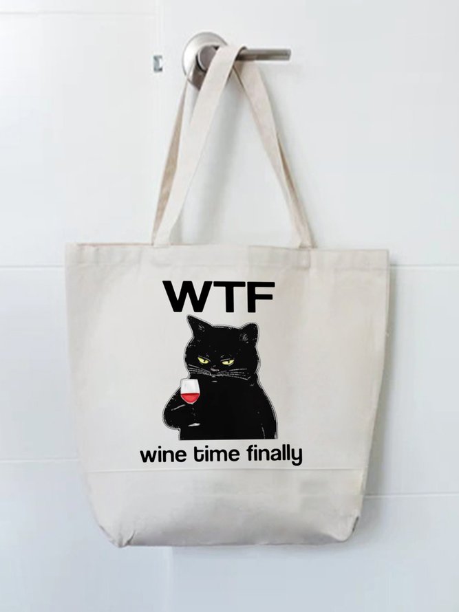 Lilicloth X Kelly WTF Wine Time Finally Cat Graphic Casual Canvas Shopping Totes