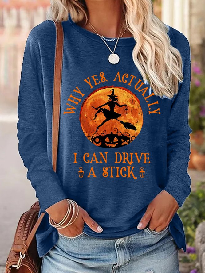 Women's Yes I Can Drive A Stick Halloween Funny Graphic Cotton-blend Long Sleeve T-shirt