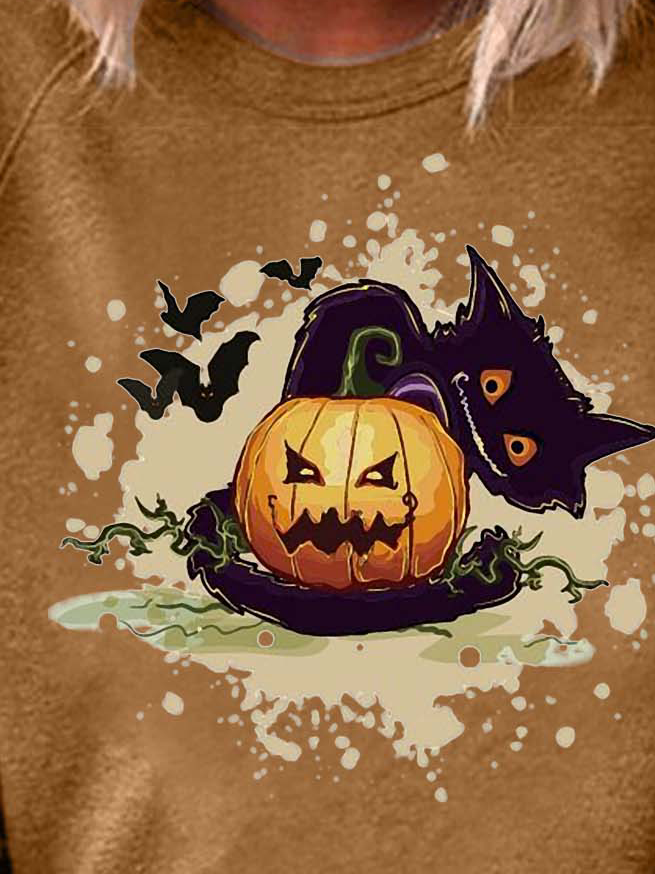 Women Black Cat Pumpkin Light Crew Neck Halloween Sweatshirts