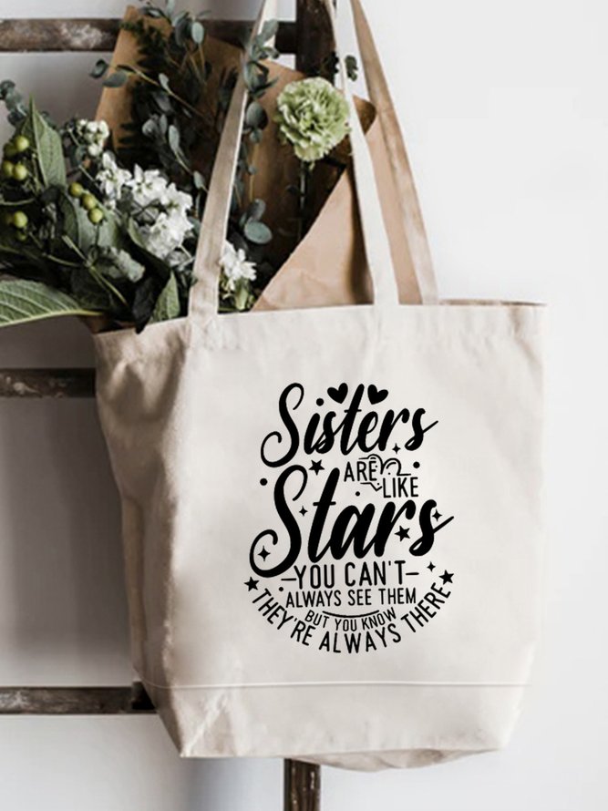 Casual All Season Side By Side Or Miles Apart Sisters Are Always CLose At Heart Family Text Letter Shopping Totes