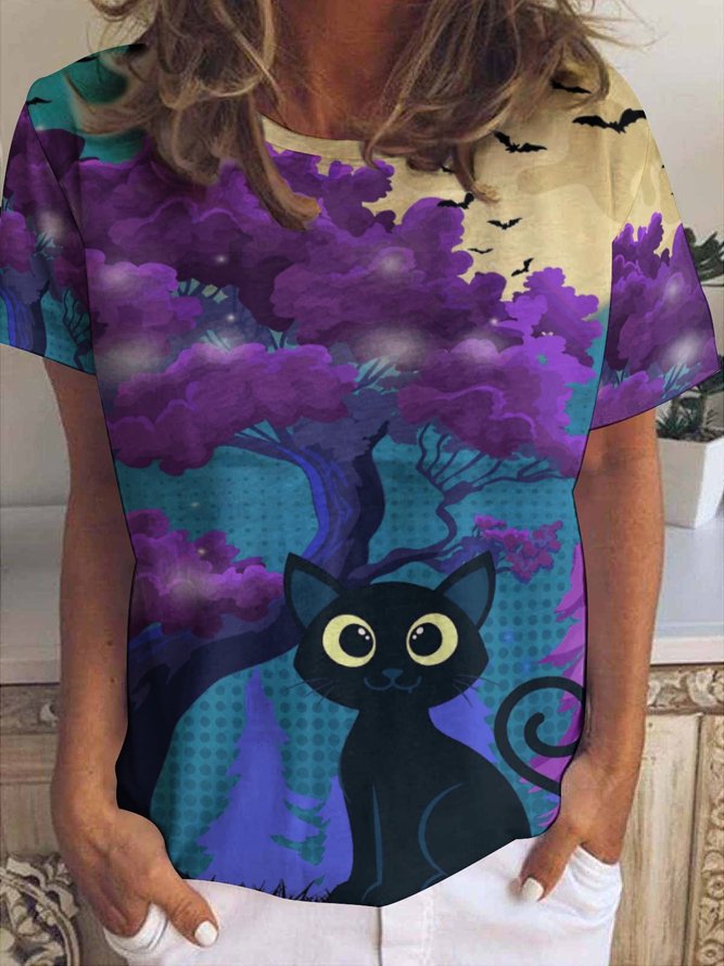 Women Black Cat Bats Pattern Casual Crew Neck T-Shirt