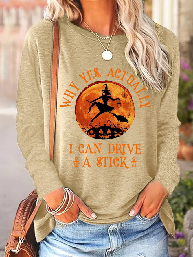 Women Funny Graphic Yes I Can Drive A Stick Halloween Cotton-Blend Long Sleeve T-Shirt
