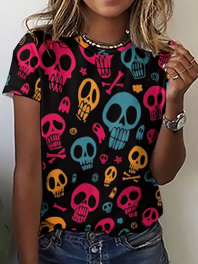 Women Halloween skull Crew Neck T-Shirt
