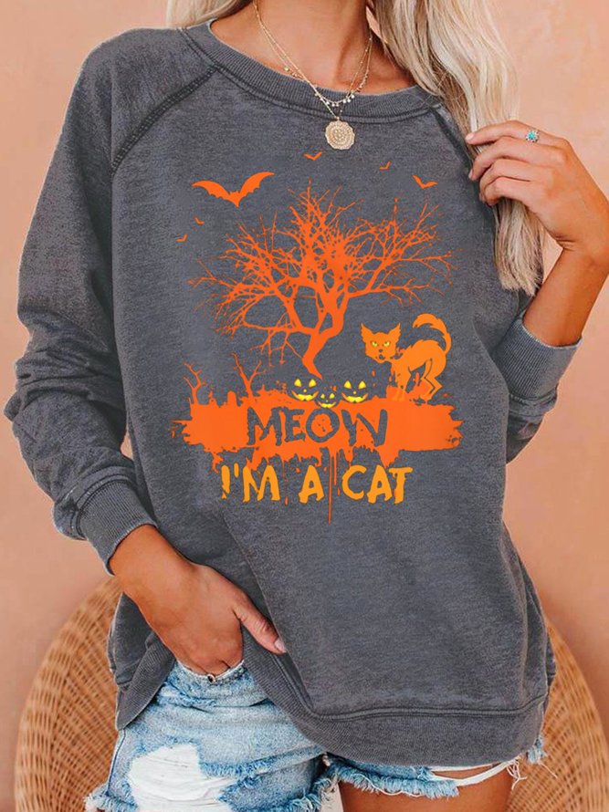 Womens Cat Halloween Letters Casual Sweatshirts