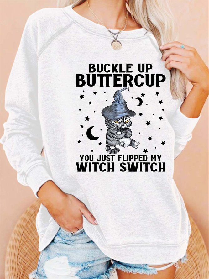 Women Butter Cup Black Cat Witch Star Moon Casual Loose Sweatshirts