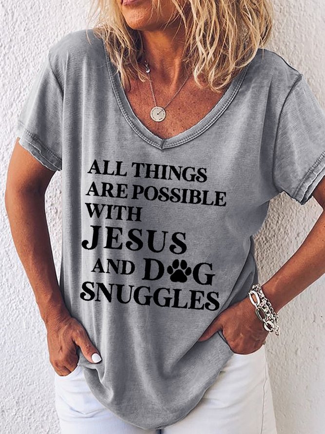 Womens All Things Are Possible with Jesus V Neck Letters  T-Shirt