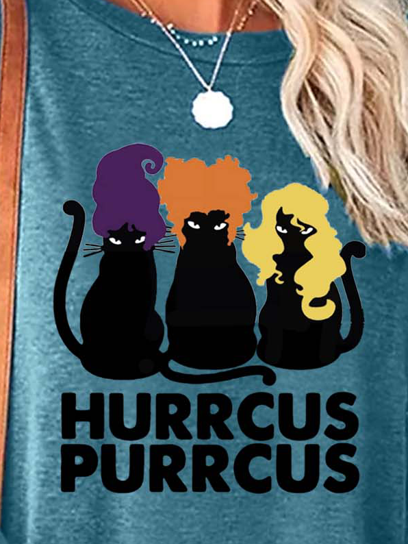 Women Black Cats Hurrcus Purrcus Halloween Crew Neck Cotton-Blend Tops