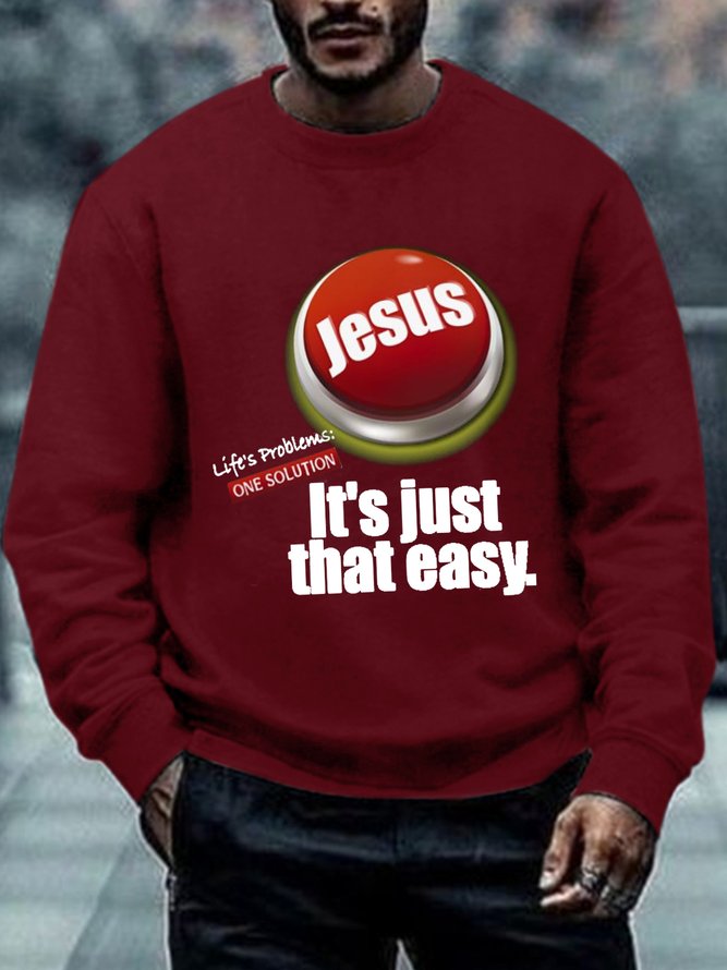 Men Red Button Shirt, Jesus Life’s Problems One Solution It’s Just That Easy Casual Loose Sweatshirt
