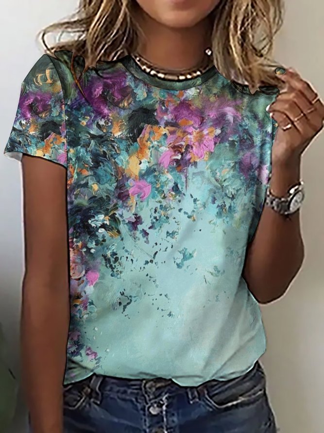 Women Large Format Flowers Pattern Loose Casual Cotton-Blend T-Shirt