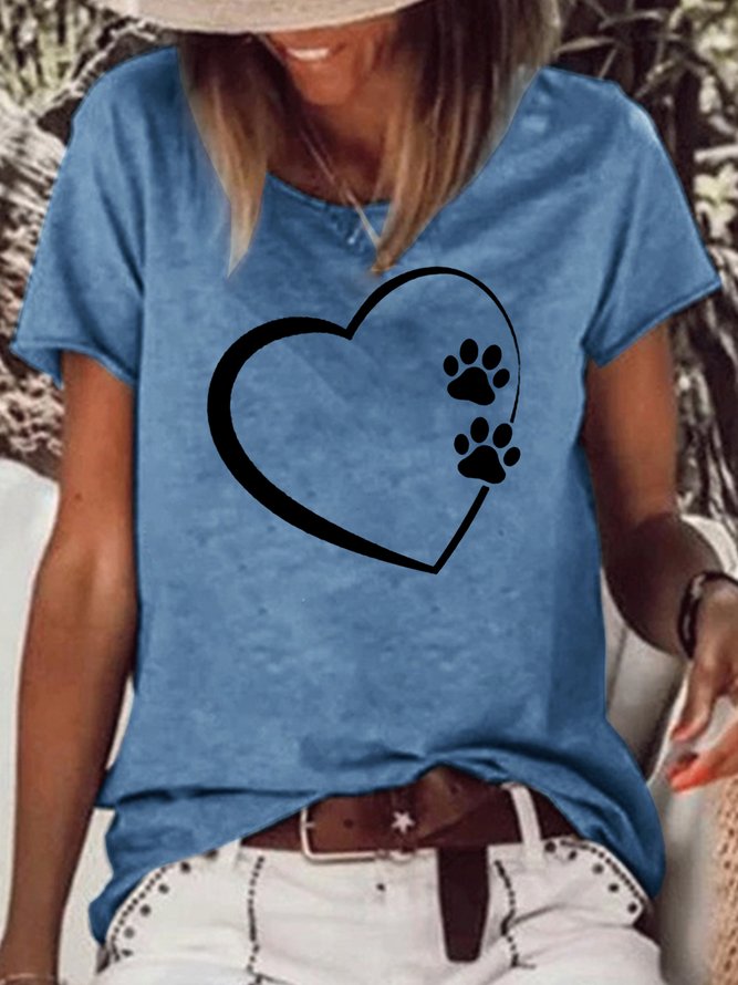 Womens Paw Heart Crew Neck Text Letters T-Shirt