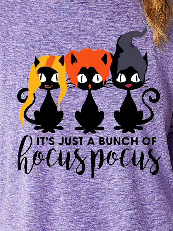 Women's Halloween Black Cat Witch Hocus Pocus Loose Cotton Crew Neck Long Sleeve Top