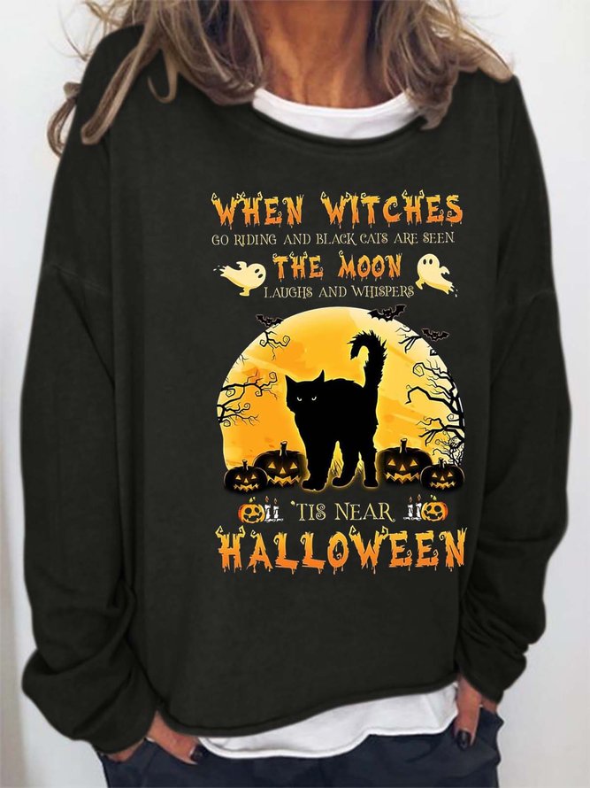 Women Black Cat Witches Happy Halloween Casual Sweatshirts