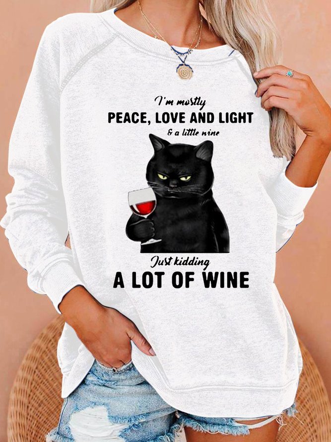 Womens Funny Wine Black Cat Letters Casual Sweatshirts