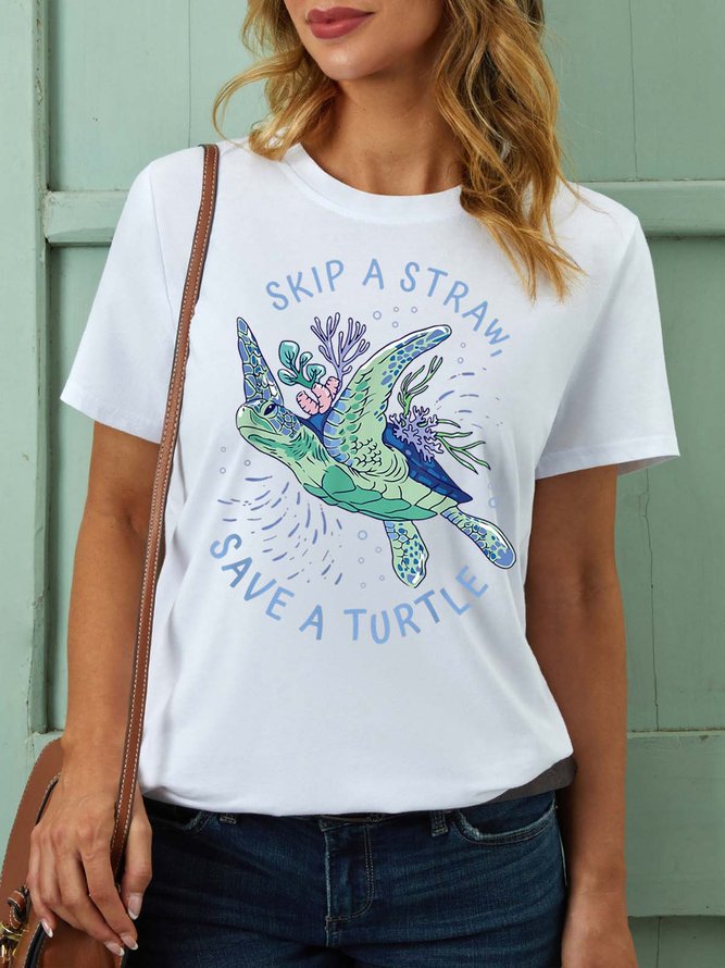 Women Skip A Straw Save A Turtle Text Letters T-Shirt