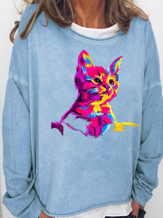 Womens Cat Art Print Crew Neck Sweatshirts