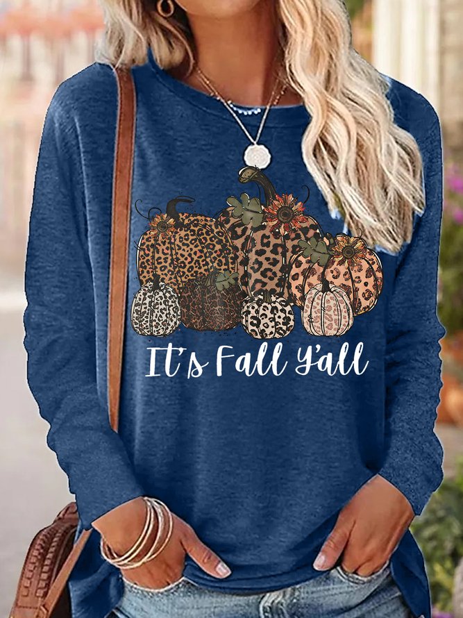 Womens It's Fall Y'all Shirt Leopard Pumpkin Casual Tops