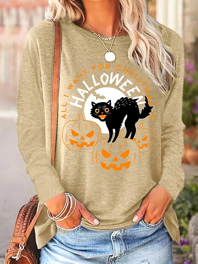 Women All I Want For Christmas Is Halloween Simple Crew Neck Tops
