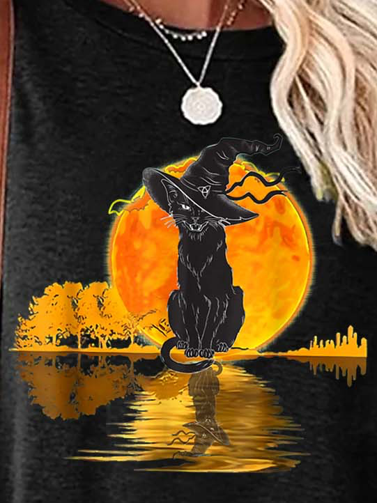 Women Black Cat Witch Halloween Cotton-Blend Loose Tops