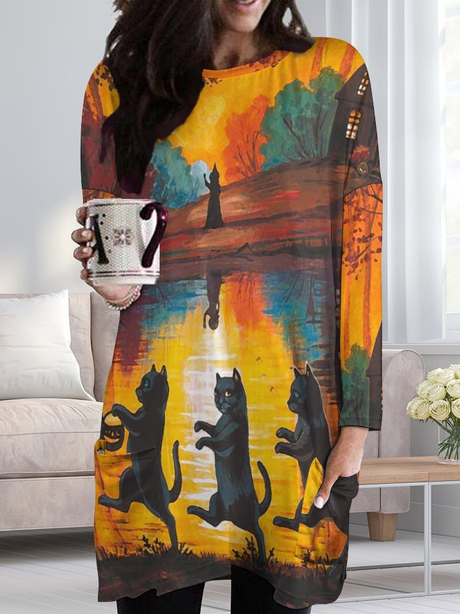 Women Fall Black Cats Witch Pattern Casual Halloween Dresses