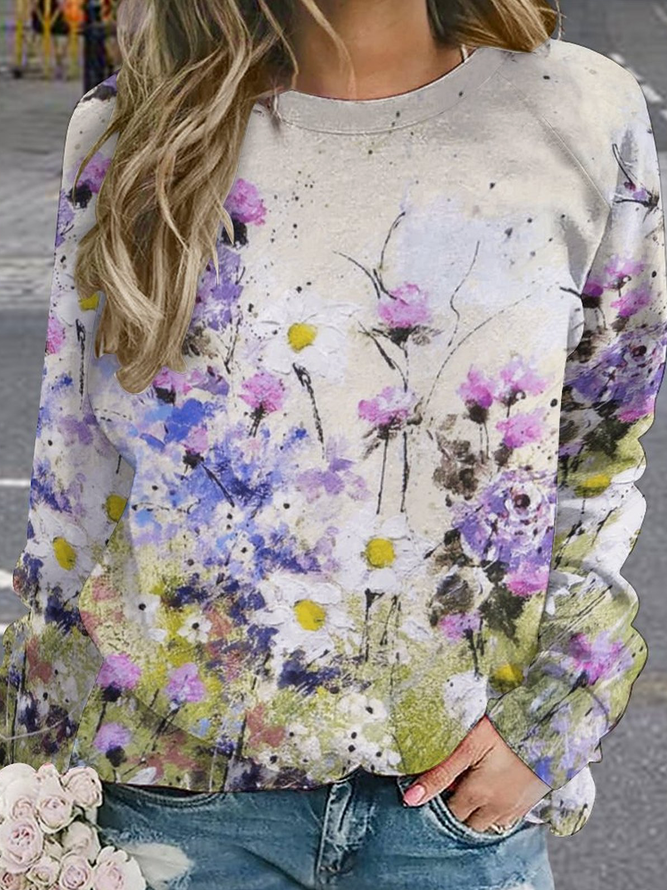Women Large Format Flowers Abstract Raglan Sleeve Crew Neck Casual Loose Sweatshirts