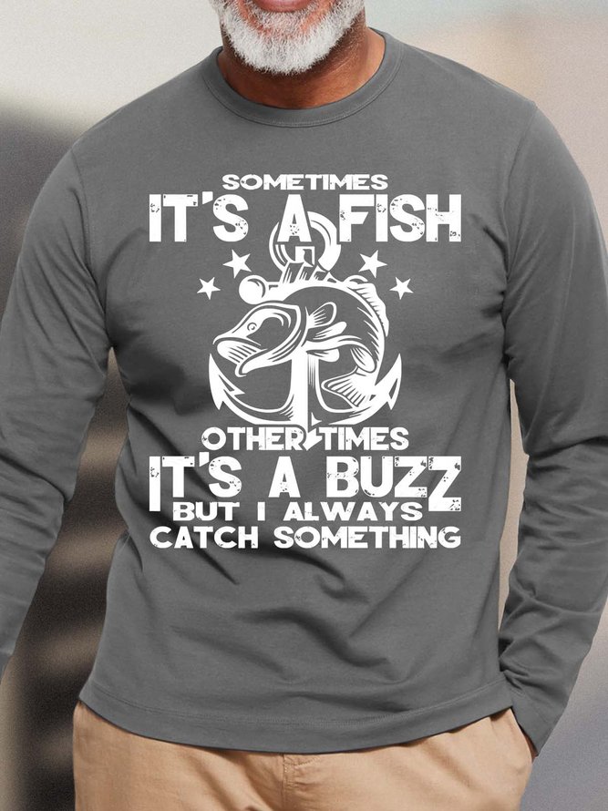 Men Fish Buzz Catch Something Cotton Crew Neck Loose T-Shirt