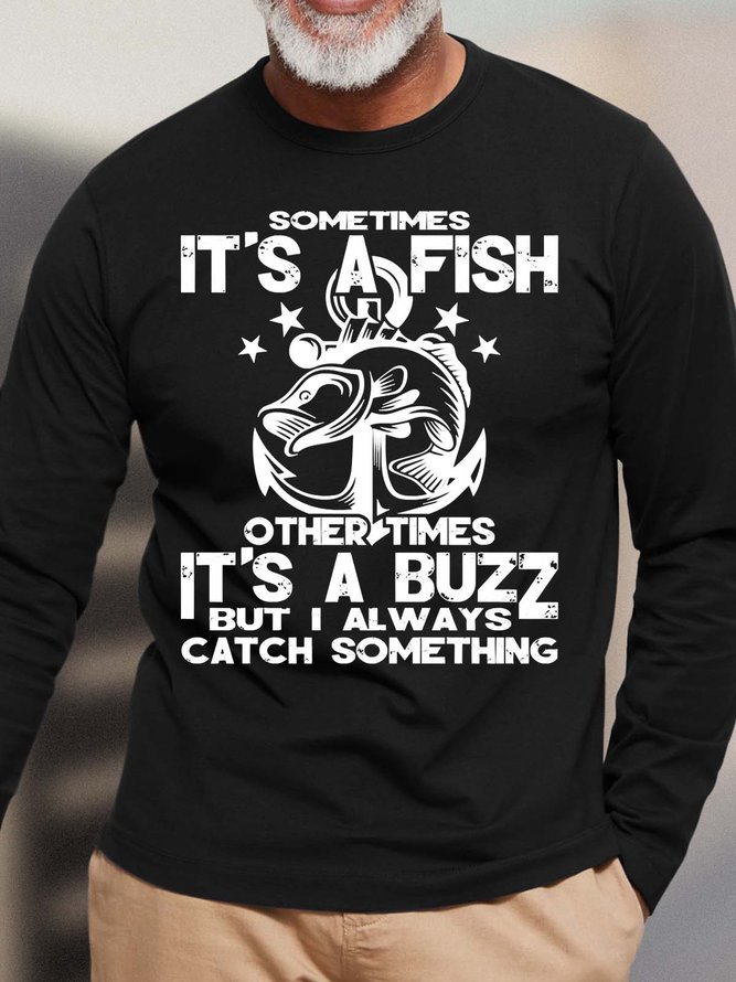 Men Fish Buzz Catch Something Cotton Crew Neck Loose T-Shirt