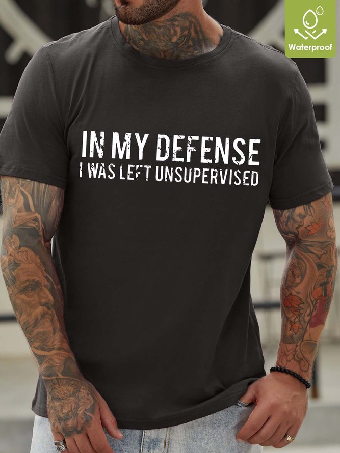 Men My Defense Left Unsupervised Letters Crew Neck Loose Casual T-Shirt