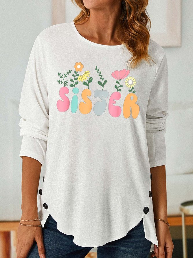 Women Flower Sister Pattern Crew Neck Casual Cotton Tops