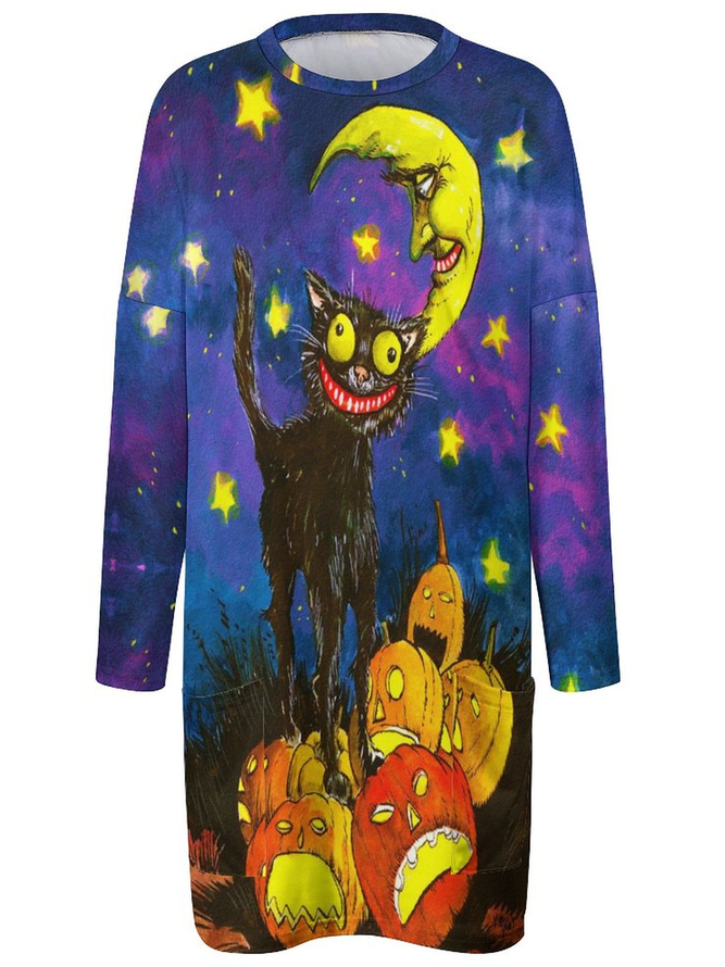 Women Pumpkin Black Cat Moon Casual Halloween Dresses