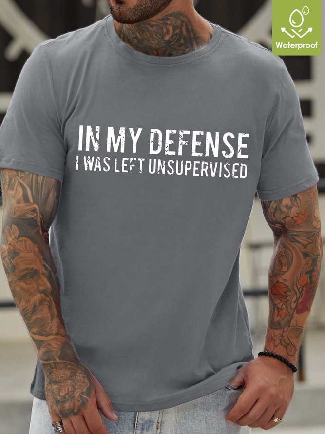 Men My Defense Left Unsupervised Letters Crew Neck Loose Casual T-Shirt