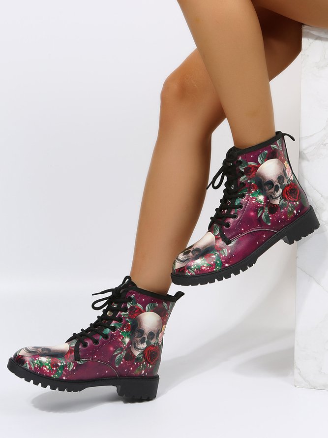 Halloween Skull Rose Lace-Up Booties