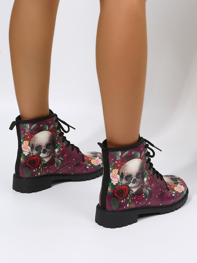 Halloween Skull Rose Lace-Up Booties