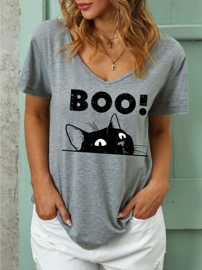 Women Black Cat Boo Halloween Casual T-Shirt