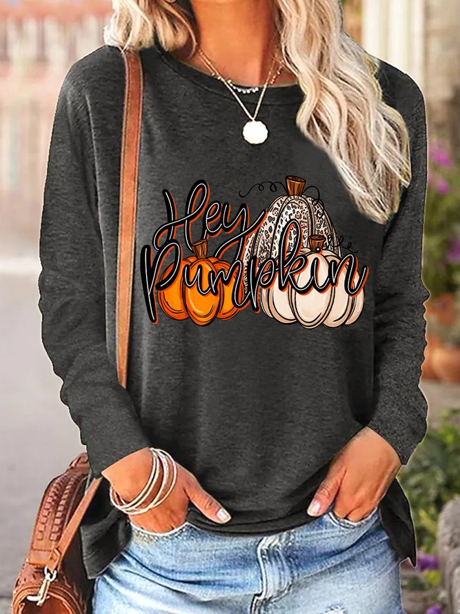 Women Hey Pumpkin Halloween Thanksgiving Beige Orange Leopard Long Sleeve Tops