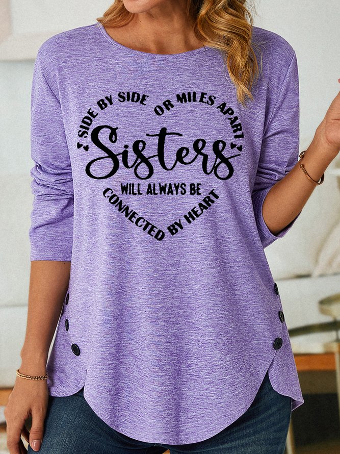 Women's Sister Text Letters Heart Cotton-Blend Long Sleeve Top
