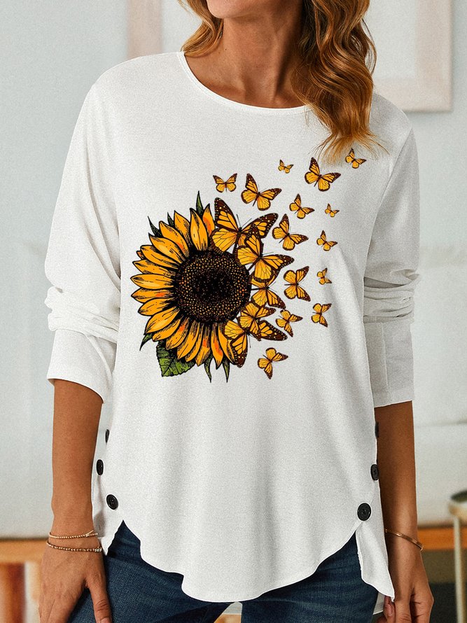 Womens Sunflower Butterfly Crew Neck Casual Tops