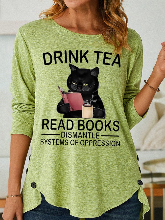 Womens Funny Drink Tea Read Book Letters Tops
