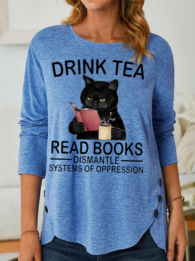 Womens Funny Drink Tea Read Book Letters Tops