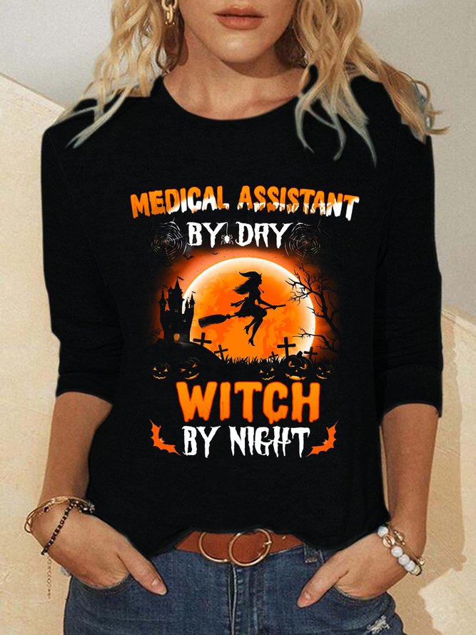 Women Witch By Night Simple Halloween Regular Fit Long Sleeve Tops