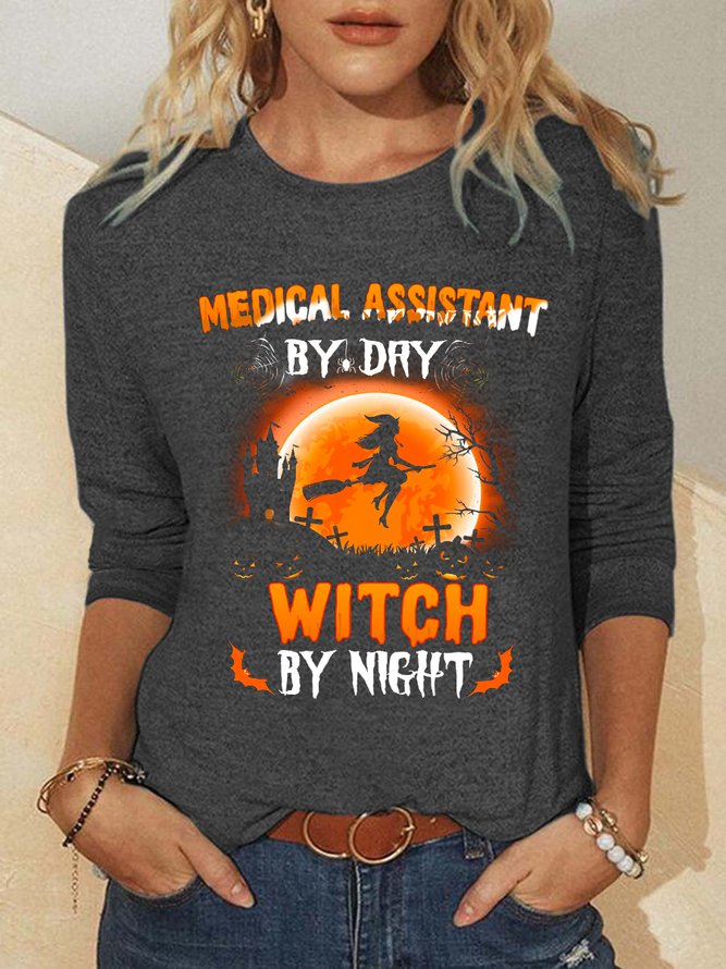 Women Witch By Night Simple Halloween Regular Fit Long Sleeve Tops